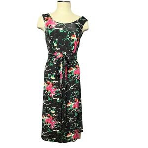 Leota Handmade in‎ New York Floral Midi Dress Black Sleeveless Tie Waist Bold